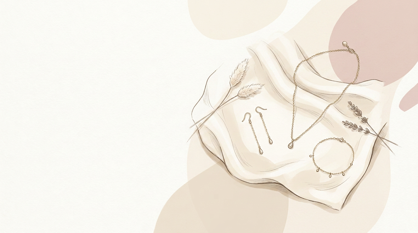 Hand-drawn illustration of a Brilvra jewelry flatlay on cream silk